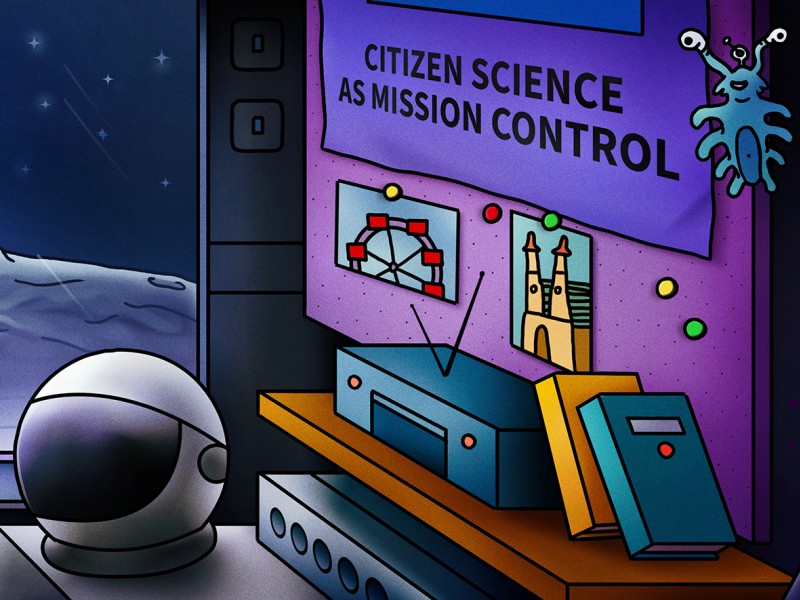 A comic drawing showing an interior of a space habitat and a view from its window on a planet, where it's situated: 