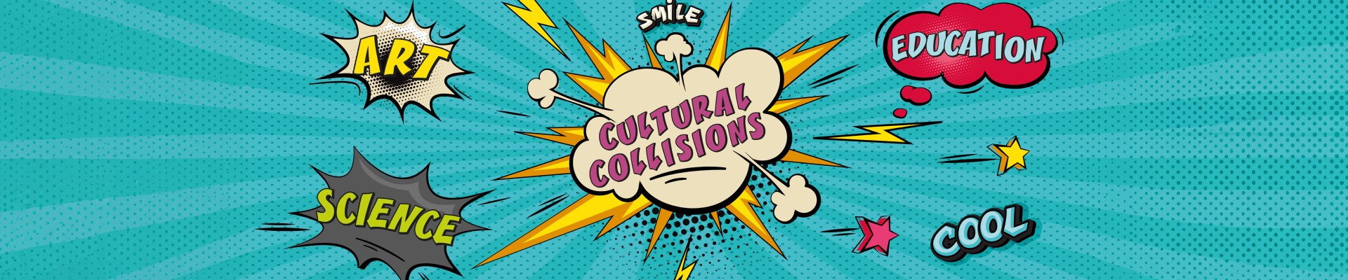 A comic illustration on showing the project title „Cultural Collisions" and other realted words to the topic as comic explosion sounds: 