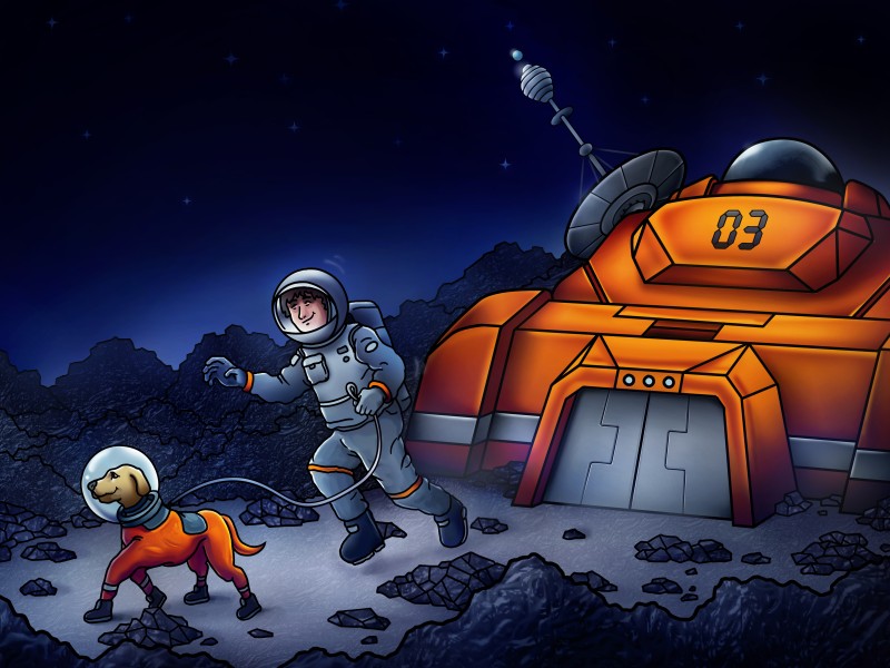 : Astronaut with dog next to a lunar habitat